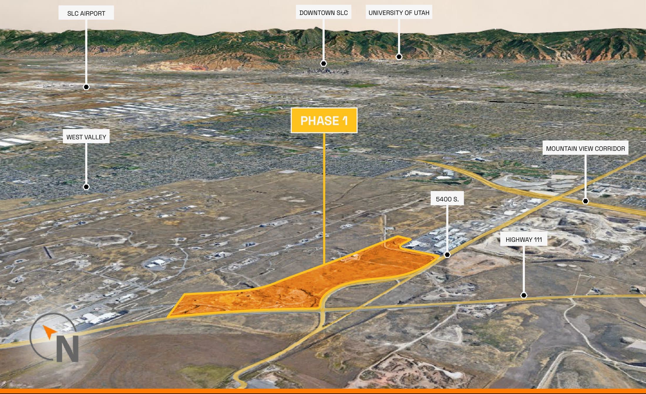 Aerial view north-east across the Salt Lake Valley from the Project Hive site. The Phase 1 parcel is highlighted between 5400 South and Highway 111, with Salt Lake City International Airport, West Valley, downtown Salt Lake City, the University of Utah and the Mountain View Corridor labelled around it.